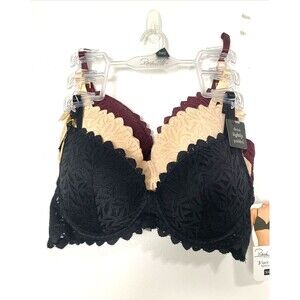 Rene Rofe Bra Size 36C Lace Black Beige Burgundy 3 Pack Underwire Adjustable